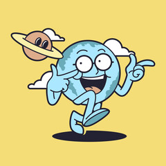 Retro globe cartoon mascot character. Happy vintage walking earth mascot illustration.