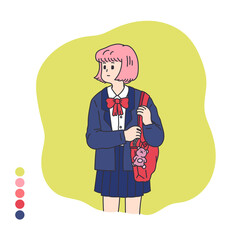 Asian student girl in school uniform in adorable style, carry a red bag with cute bear keychain