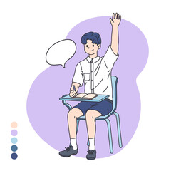 Student, boy in school uniform raise his hand to answer or ask the question, talk in class, discuss in class