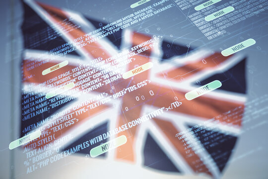 Double exposure of abstract creative programming illustration on flag of Great Britain and blue sky background, big data and blockchain concept