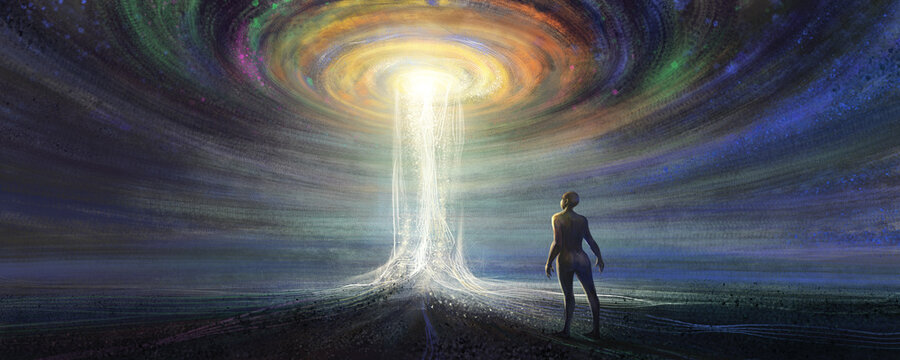 Man standing in front of the vortex of time and space, 3D illustration.