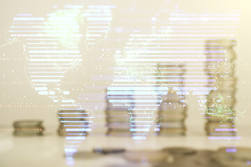 Fototapeta na wymiar Double exposure of abstract digital world map on growing stacks of coins background, research and strategy concept