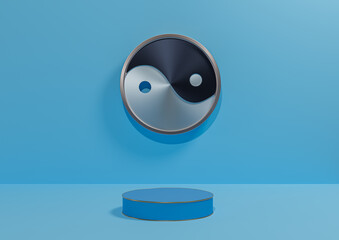 Bright, light sky blue 3D rendering product display background simple minimal with metallic Yin and yang symbol podium or stand with golden line backdrop for nature cosmetic luxury product photography