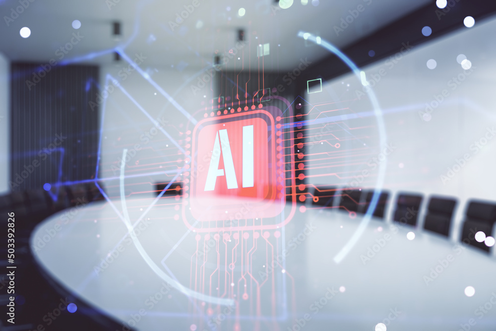Poster double exposure of creative artificial intelligence abbreviation hologram on a modern boardroom back