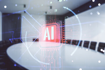 Double exposure of creative artificial Intelligence abbreviation hologram on a modern boardroom...