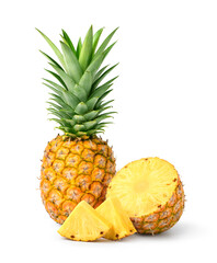 Pineapple with cut in half and slices isolated on white background. - obrazy, fototapety, plakaty