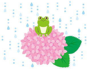 かわいいカエル　紫陽花　ベクターイラスト