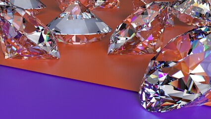 Shiny Diamonds on purple-orange surface background. Concept image of luxury living, expensive things and high added value. 3D CG. High resolution.