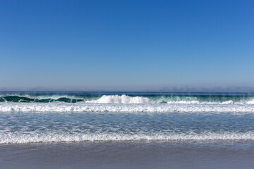 A view on ocean with white waves and blue sky