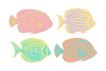 Set of colorful exotic fish. Brush and paint texture