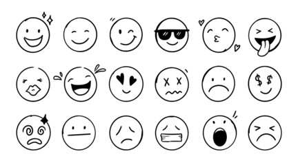 Doodle Emoji face icon set. Hand drawn sketch style. Emoji with different emotion mood, happy, sad, smile face. Comic line art vector illustration. - obrazy, fototapety, plakaty
