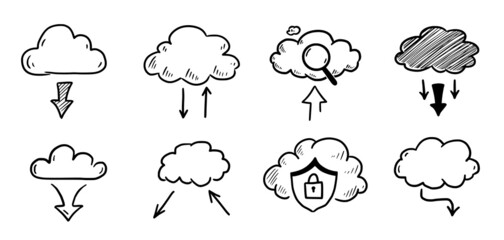 Doodle data server cloud set. Hand drawn sketch style cloud, arrow for internet database, digital storage concept. Vector illustration.