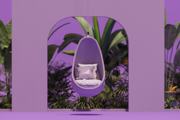Swing chair with tropical garden on purple background. Studio with arches classic, tropical trees and leaves. Advertisement idea. Creative composition. 3d render
