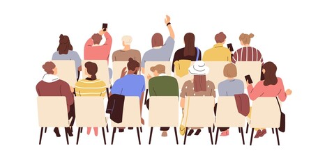 Audience back view. Behind people group sitting on chairs at seminar, training. Auditorium taking photo with phone, raising hand at public event. Flat vector illustration isolated on white background