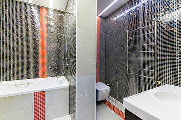 Russia, Moscow- May 21, 2020: interior apartment room bathroom, sink, decorative elements, toilet