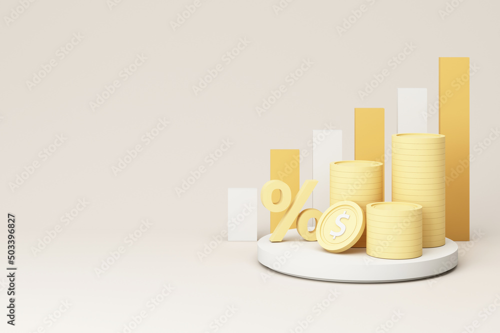 Poster big percent symbol and bar chart and digital money in the concept of financial stability and growth 