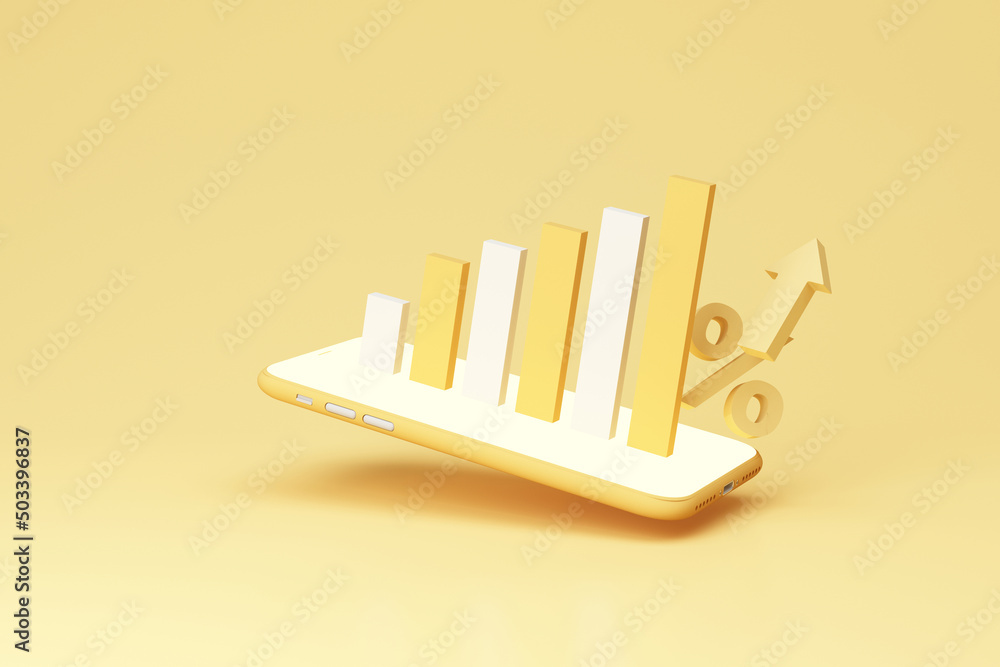 Poster big percent symbol and bar chart on phone screen and digital money in the concept of financial stabi