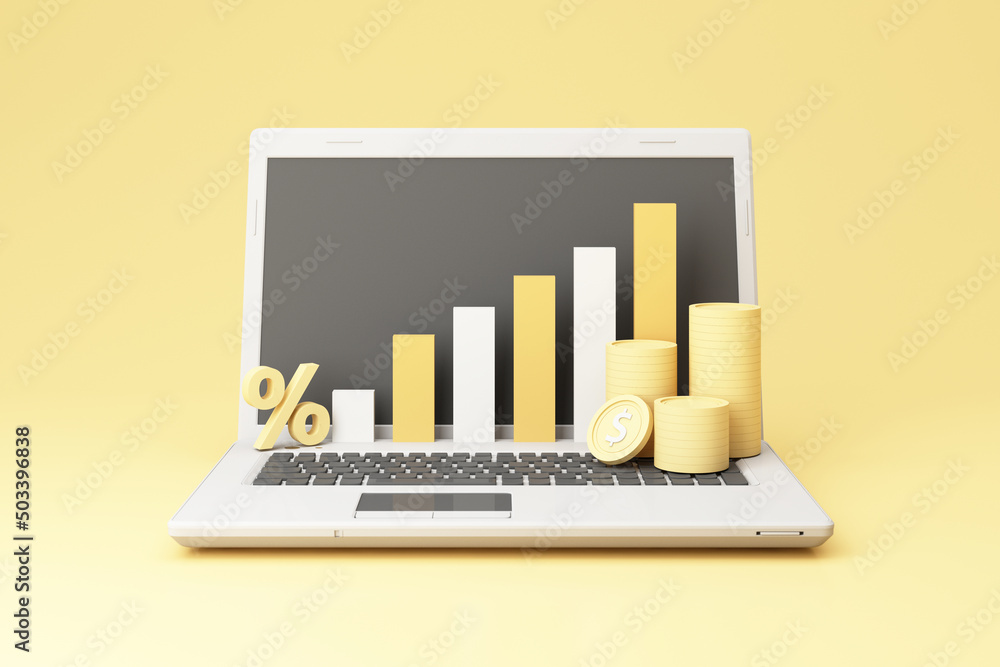 Poster big percent symbol and bar chart on laptop and digital money in the concept of financial stability a