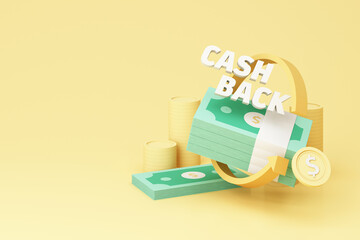 Obraz premium Cash back service, financial payment label concept and money saving, wealth about money and financial planning with Bundle of money, banknote and gold coins on yellow background. realistic 3d render