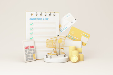 Internet store website interface. Purchases ordering, online payment. E-commerce. Wishlist, buy, my orders list with cart, credit card and money wallet. on white background realistic 3d render