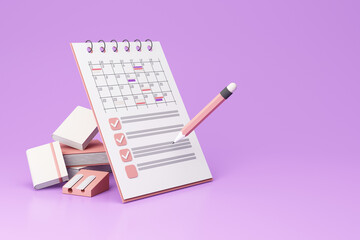 Icon composition with calendar with scheduled dates and appointments, clock, to-do list with tasks, reminders and messages. paper with pencil and book. on purple background realistic 3d render