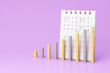 The bar shows the stats that are gradually increasing accordingly. Show monthly turnover of sales and have a detailed calendar on purple background. realistic 3d render