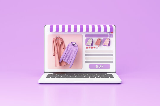 Online store concept on laptop screen with striped awning and coat and sweater dress pastel color on screen with buy icon and comment review. on purple background realistic 3d rendering