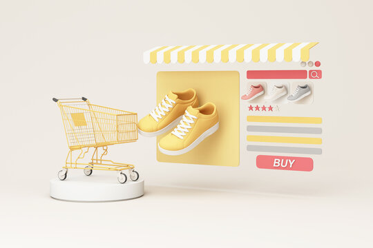 Online store concept on laptop screen with striped awning and shoe sneaker pastel color on screen with buy icon and comment review. on white background realistic 3d rendering