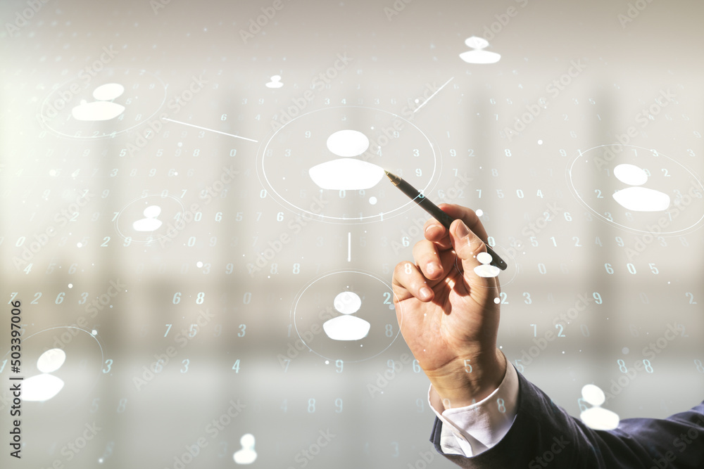 Poster man hand with pen working with abstract virtual social network concept on blurred office background.