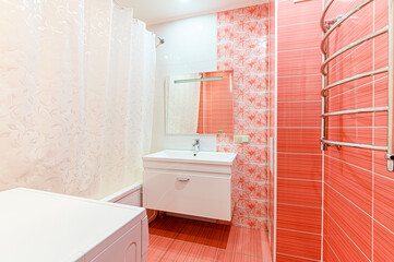 Russia, Moscow- May 21, 2020: interior apartment room bathroom, sink, decorative elements, toilet