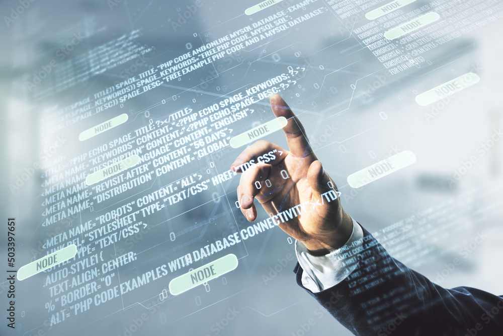 Poster multi exposure of man hand presses on abstract software development hologram on blurred office backg