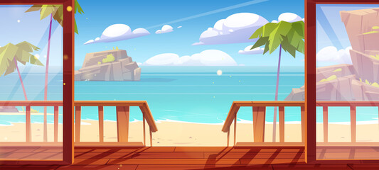 Bungalow wooden porch and view to sand sea beach with palm trees and mountains in water. Vector cartoon illustration of summer tropical ocean landscape and house terrace with staircase - obrazy, fototapety, plakaty