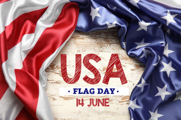 American flag and text USA FLAG DAY, 14 JUNE on light wooden background