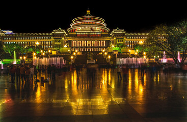 Fototapeta na wymiar Dancing Renmin Square Chongqing Sichuan China Night Lights