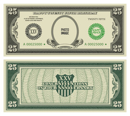 Vector sample of a greeting card with twenty-five years anniversary in the form of vintage US dollars. Congratulations on the 25th birthday. Empty oval and ribbon. Your photo