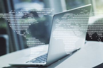 Obraz premium Abstract creative digital world map on modern computer background, globalization concept. Multiexposure