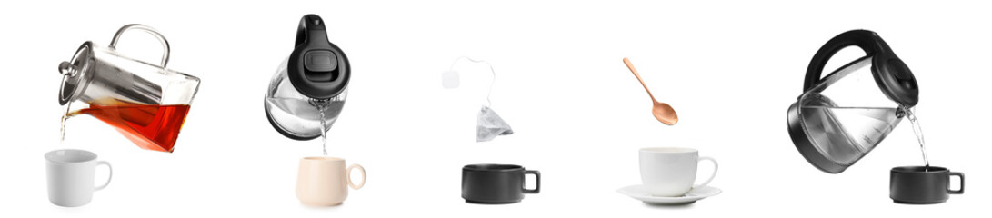 Set of hot beverage with cups, pots and tea bag on white background