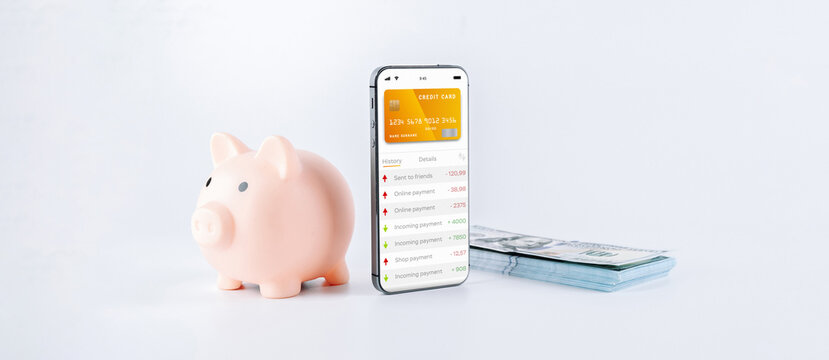Mobile banking application. Mobile phone with internet online bank app. Pig bank with hundred dollar bill on white background. Save money business wallet.