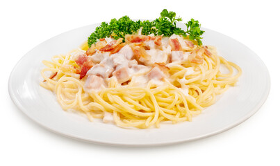 Spaghetti carbonara isolated on white background, Spaghetti carbonara with Crispy Bacon and Ham on...