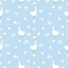 goose and camomile blue background pattern. cute seamless print in naive style. For children's textiles, wallpapers, postcards. Vector illustration, hand drawn, doodle