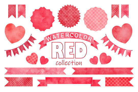 Red watercolor banner, flags, label, frame, ribbon vector set