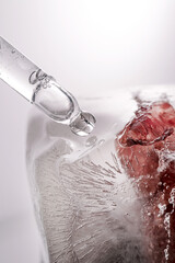 Pipette on a large piece of ice with frozen flowers.