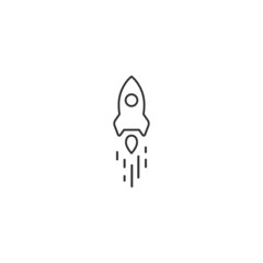 Outline rocket ship with fire. Isolated on white. Flat line icon. Vector illustration with flying rocket.