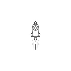Outline rocket ship with fire. Isolated on white. Flat line icon. Vector illustration with flying rocket.