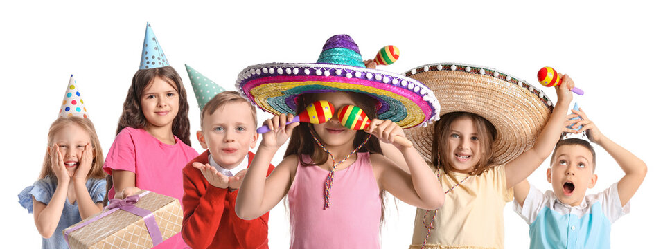 Many children in party hats and sombrero isolated on white