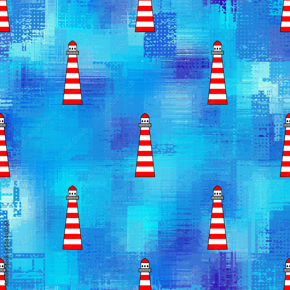 Poster blue waves pattern and hand draw in marine style.