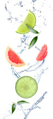 Splash of water and pieces of citrus fruits isolated on white