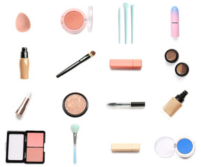 Set of decorative cosmetics with makeup brushes on white background