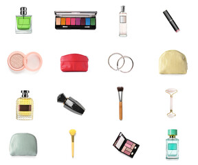 Set of decorative cosmetics with makeup brushes, perfumes and bags on white background