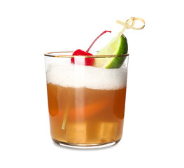 Glass of delicious whiskey sour cocktail decorated with cherry and slice of lime on white background
